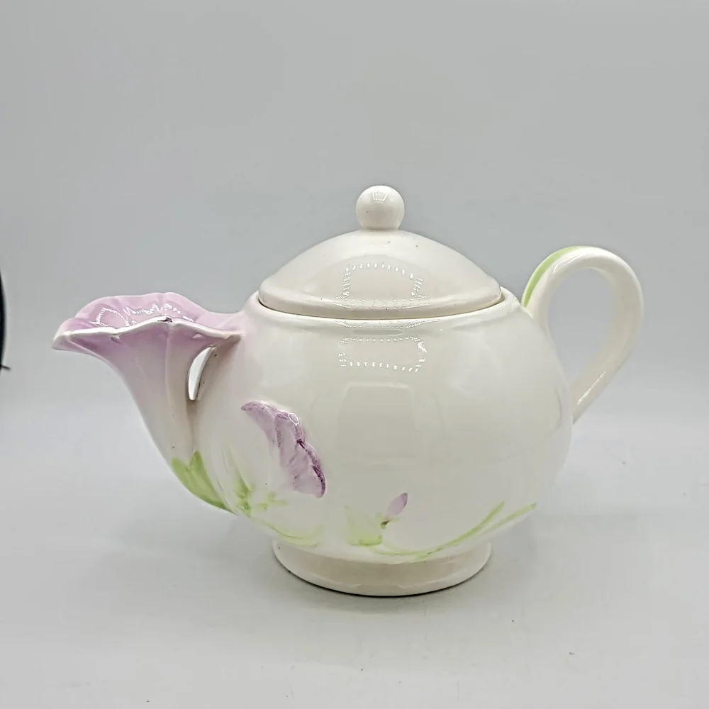 Teleflora Morning Glory Ceramic Teapot Pink Purple Floral Collectible 80s Vtg